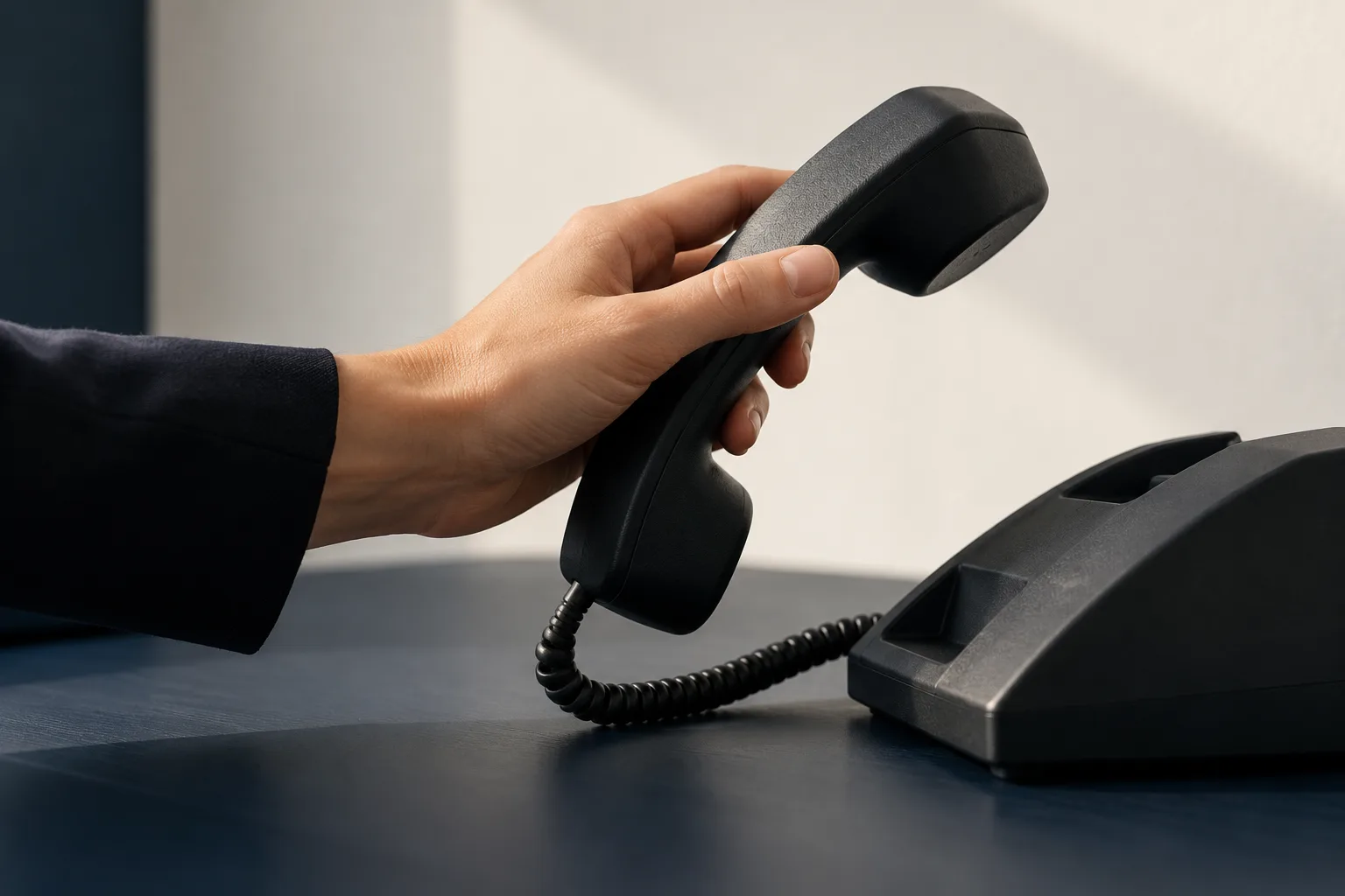 Close-up of a hand lifting an unbranded phone receiver against ink-blue and warm neutral surfaces